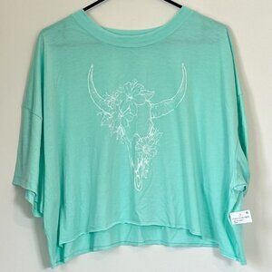 NWT Wst Cst Nordstrom Boxy Crop Oversized Mint White Cow Skull T-Shirt - Large